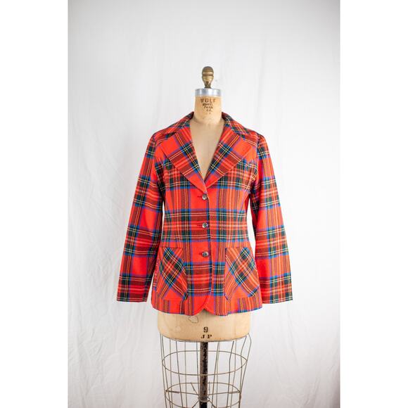Vintage 60s Red Plaid Tartan Wool Blazer, Academia Preppy Jacket, Retro Mod, Med - Picture 2 of 11